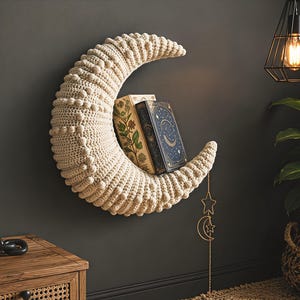May include: A crescent moon-shaped wall shelf made of cream-colored crocheted yarn with a textured bobble stitch pattern. The shelf holds two hardcover books and features a dangling gold-toned metal ornament with star and moon shapes attached.