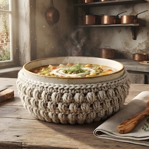 May include: A ceramic bowl filled with steaming vegetable soup, encased in a thick, cream-colored, hand-crocheted yarn cozy with a textured bobble stitch pattern. The bowl sits on a wooden table next to a loaf of bread and a wooden spoon.