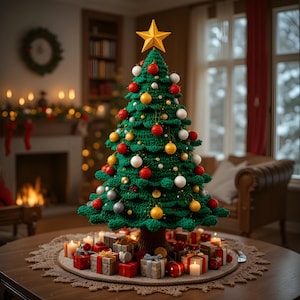 May include: A handcrafted green crochet Christmas tree adorned with red, white, and gold ornaments, topped with a gold star. The tree sits on a table surrounded by wrapped gifts and candles, creating a festive holiday scene.