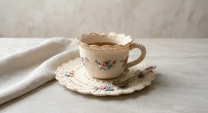 Crochet Sauser Pattern Crochet Teacup and Saucer Pattern – Floral Embroidery, Vintage Home ...