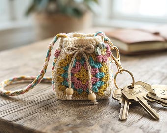May include: A small, square, crocheted pouch featuring a colorful granny square pattern in shades of pink, yellow, and blue, with a cream-colored border. It has a braided strap, a drawstring closure with wooden beads, and a metal clasp holding three keys.