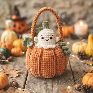 May include: A crocheted orange pumpkin-shaped basket with a sturdy handle, containing a small white ghost figure with black eyes and a smile. The ghost is accented with green crocheted leaves and a vine, crafted from soft, textured yarn.