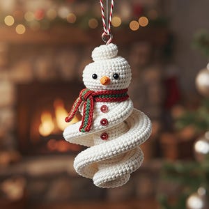 May include: A white crocheted snowman ornament with a spiral-shaped body, a small orange nose, black bead eyes, and a red and green striped scarf. The snowman features three small red buttons down its front and hangs from a red and white string.