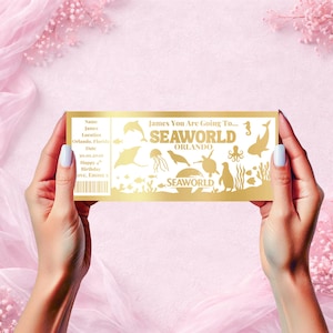 Revelación de boleto personalizado de SEAWORLD / Sorpresa de cumpleaños personalizada con lámina dorada / Recuerdo de viaje a EPCOT / Boleto de experiencia de lujo con lámina dorada