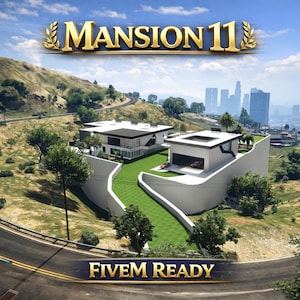 Puede incluir: Vista aérea de una mansión moderna con exterior blanco, detalles negros y techo plano. El texto "MANSION 11" en dorado y "FIVE M READY" en una pancarta en la parte inferior.