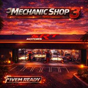 Puede incluir: Imagen digital de un taller mecánico al atardecer. El taller está etiquetado como "MECHANIC SHOP 3" y "SRT MOTORS". Las palabras "FIVE READY" también son visibles. Los coches están aparcados dentro del taller y delante del edificio.