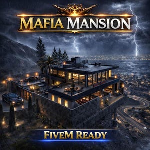 May include: A digital illustration of a modern mansion atop a cliff, with the text "MAFIA MANSION" in gold lettering. The image features a stormy sky with lightning and the text "FIVE M READY" at the bottom.