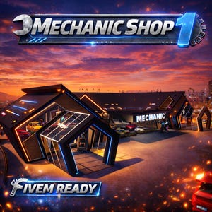 May include: An exterior shot of a mechanic shop at sunset. The shop has a modern design with neon blue and orange lights. The words "MECHANIC SHOP" are displayed above the building, and "FIVE READY" is displayed below. Several cars are parked in front of the shop.
