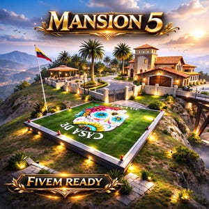 Può includere: Un rendering digitale di una lussuosa villa con il testo "MANSION 5" in oro. L'immagine presenta un grande prato con un colorato design a teschio di zucchero e le parole "CASA DE" in bianco. Anche la frase "FIVEM READY" è visualizzata.