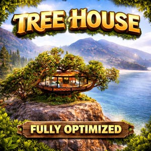 Puede incluir: Imagen de una casa en el árbol moderna con paredes de cristal, situada en un acantilado con vistas a un lago. El texto "TREE HOUSE" aparece en la parte superior y "FULLY OPTIMIZED" en la inferior, con montañas y árboles de fondo.