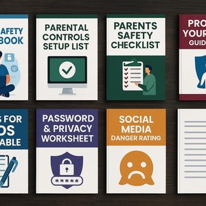 Puede incluir: Una colección de ocho folletos informativos sobre seguridad en línea y protección infantil sobre una superficie de madera oscura. Los títulos incluyen "Cyber Safety Guide Book" y "Protect Your Child Guide Book". Un lápiz rojo descansa sobre un bloc de notas.