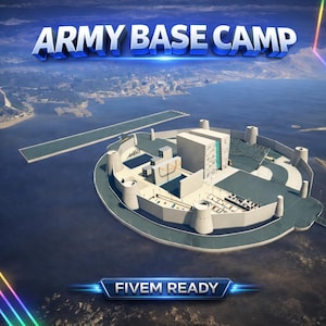 Könnte beinhalten: Luftaufnahme eines Armeebasislagers mit dem Text "ARMY BASE CAMP" in 3D-Schrift. Die Basis ist von Wasser umgeben und verfügt über eine große Landebahn und mehrere Gebäude. Der Text "FIVE READY" wird unten angezeigt.