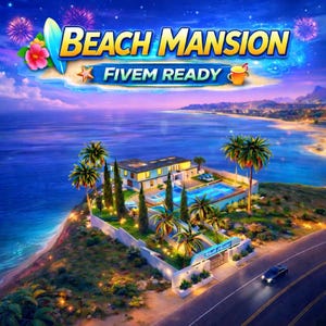 Könnte beinhalten: Illustrierte Darstellung einer Strandvilla mit dem Text "BEACH MANSION FIVE READY". Die Villa befindet sich auf einer Klippe mit Blick auf das Meer, mit Palmen, einem Swimmingpool und einem Auto auf der Straße.