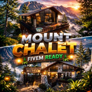 May include: A digital rendering of a mountain chalet with a modern design, featuring large windows and a balcony. The image includes the text "MOUNT CHALET FIVE READY" in a bold, eye-catching font, set against a scenic mountain backdrop.