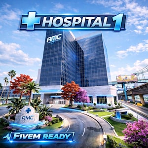 Könnte beinhalten: Ein digitales Bild eines modernen Krankenhausgebäudes mit dem Text "HOSPITAL 1" oben. Das Gebäude ist von Palmen, farbenfrohem Laub und einer geschwungenen Straße umgeben. Der Text "A FIVEM READY" befindet sich unten.