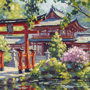 Japanese Shrine Printable Wall Art, Red Torii Gate Digital Download, Impressionist Japan Landscape, Zen Garden Decor, Asian Art Print