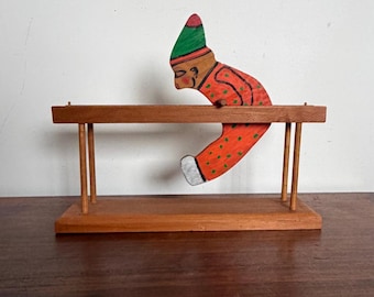 Handmade Wooden Acrobat Clown Toy, Signed