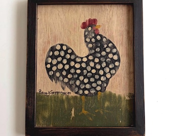 Vintage Folk Art Polka Dot Rooster Wood Painting, Signed