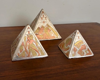 Vintage Metal Egyptian Pyramid Figurines, Set of 3