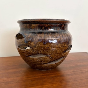 Handmade Signed Studio Pottery Vessel with Cutouts in a Glossy Brown Glaze
