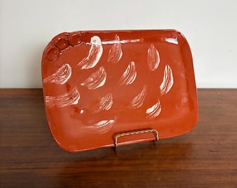 Vintage Glazed Redware Tray with White Slip Brushstrokes