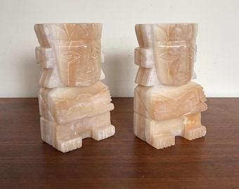 Vintage Mexican Onyx Hand Carved Tiki Figure Bookends
