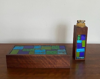 Mid-century Georges Briard Mosaic Glass Lighter and Matching Box