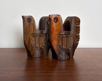 Vintage MCM Carved Wood Bird Toothpick or Match Holders