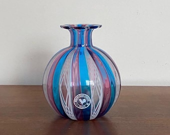 Murano Hand Blown Glass Striped Filigree Bud Vase