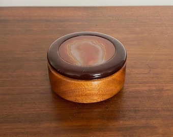 Vintage Wooden Trinket Box with Polished Agate Inlay