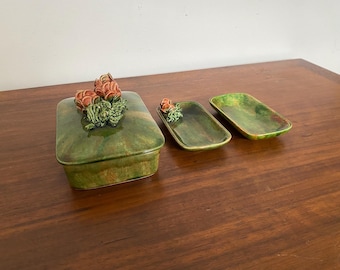 Vintage Studio Pottery Trinket Box and Dishes with Applied Roses