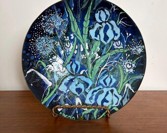 Vintage Mid-Century Enamel on Copper Floral Bowl with Blue Irises