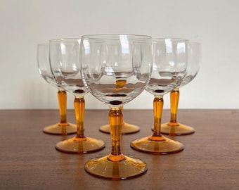 Vintage Clear & Amber Stem Cordial Glasses - Set of 6