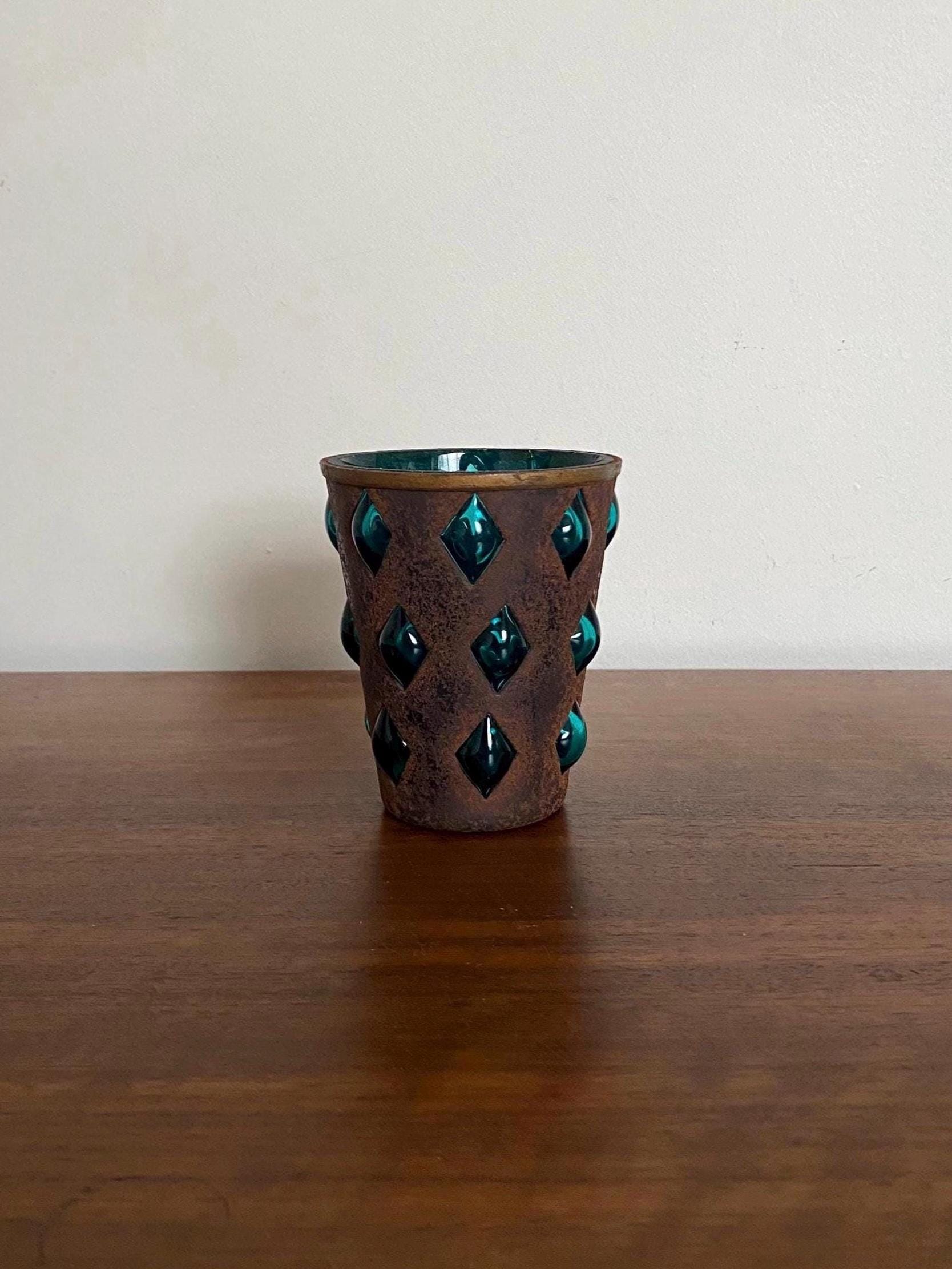 Lot De 6 Anciens Gobelets En Verre Soufflé Brutaliste - Felipe Derflingher - Bleu
