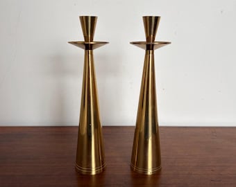 Vintage Mid-Century Modern Brass Cone Candlestick Holders