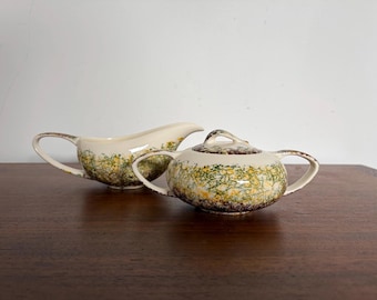 Mid-century Vernon Kilns Hawaiian Coral Pattern Sugar Bowl and Creamer