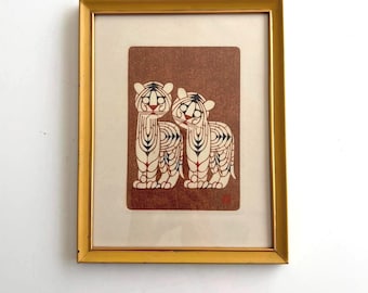 Vintage Japanese Woodblock Print, Two Tigers by Toshijiro Inagaki