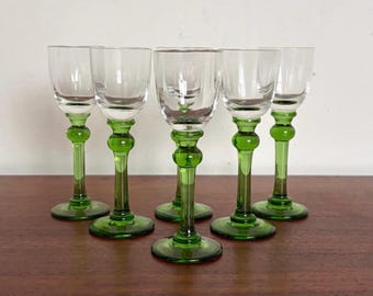 Vintage Green Stem Cordial Glasses, Set of 6