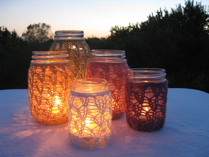 PDF Knitting Pattern Lace Knit Mason Jar Centerpieces DIY Tutorial How To Knit Mason Jar Candle Holder Knit Mason Jar Cozy image 1