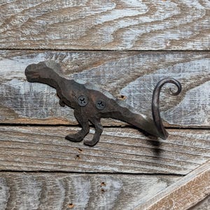 May include: A handcrafted metal dinosaur hook, featuring a Tyrannosaurus Rex design. The hook is dark brown and attached with two screws. The tail curls into a decorative loop. The hook is mounted on a weathered, light brown wooden surface.