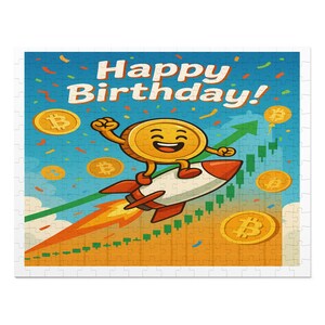 以下が含まれることがあります： 「Happy Birthday!」の文字が入った、ロケットに乗った漫画のコインキャラクターが描かれたカラフルなパズル。画像には、ビットコインのシンボル、上昇グラフ、青い空を背景にした紙吹雪が含まれています。