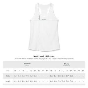 以下が含まれることがあります： Next Level 1533のサイズ表が記載された白いレーサーバックタンクトップ。サイズ表には、XSから2XLまでの幅と丈の測定値がセンチメートル単位で記載されており、幅は35.5cmから48.2cm、丈は68.5cmから74.9cmの範囲で示されています。