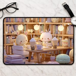 May include: A rectangular desk mat featuring a whimsical illustration of two cartoon creatures sitting at a table with bubble tea in a library setting, surrounded by bookshelves, glowing spherical lights, and a stack of books in the foreground.