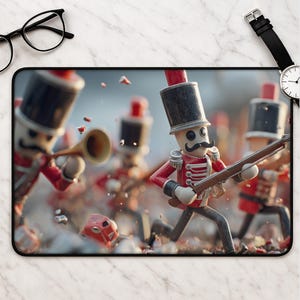 May include: A rectangular desk mat featuring a printed scene of multiple toy soldiers in red uniforms with black hats and mustaches. One soldier holds a trumpet, while another carries a rifle. The design includes scattered debris and a blurred background.