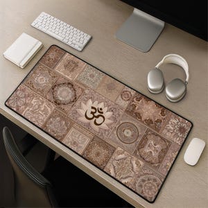Mandala desk mat lotus patchwork bohemian yoga om tapestry in sandstone palette large mousepad desk pad boho gift for her and him