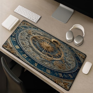 May include: A rectangular desk mat featuring a detailed circular celestial design with gold sun and moon motifs, intricate zodiac symbols, and Roman numerals set against a deep blue background, positioned on a wooden desk with computer accessories.