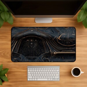 Futuristisch hypercar dashboard bureaumat, muismat in zwart-goud met circuitmotief, luxe auto cockpit console toetsenbordmat, race tech pad