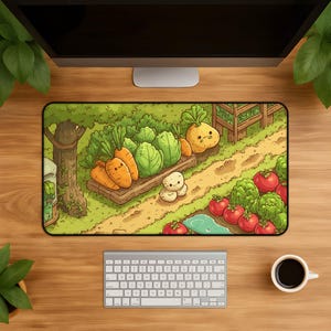Puede incluir: Una alfombrilla de escritorio rectangular con una colorida ilustración de un huerto. La escena incluye zanahorias, coles, tomates y un nabo de estilo caricatura con caras sonrientes, dispuestos en filas sobre un camino de tierra.