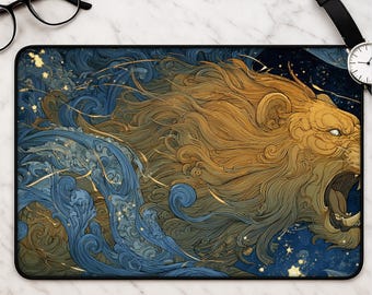 May include: A rectangular desk mat featuring a detailed illustration of a roaring lion with a golden mane, set against a backdrop of swirling blue waves and scattered yellow stars. The artwork uses intricate line work to blend the lion with water.