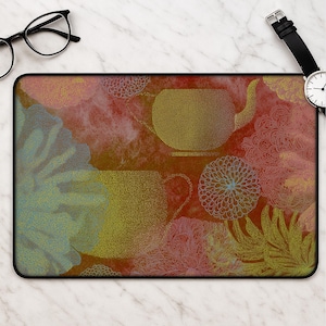 Floral Tea Desk Mat, Gilded Teapot Mousepad, Paisley Camellia Leaves, Red Blue Botanical Mouse Pad, Patchwork Desk Pad Office Gift